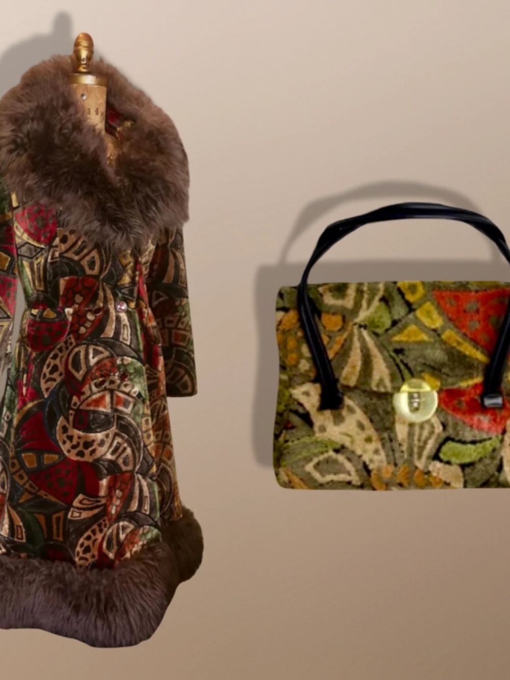 70’s Vintage Coat Velvet Boho Lamb Shearling Tapestry Coat Matching Purse